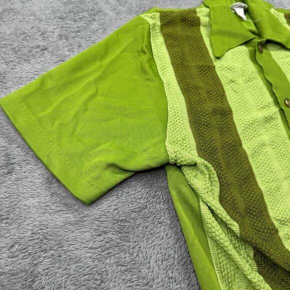 Vintage 60s Carleton California Knit Shirt Lime Green Mod Stripe Dagger Collar M - Picture 7 of 7
